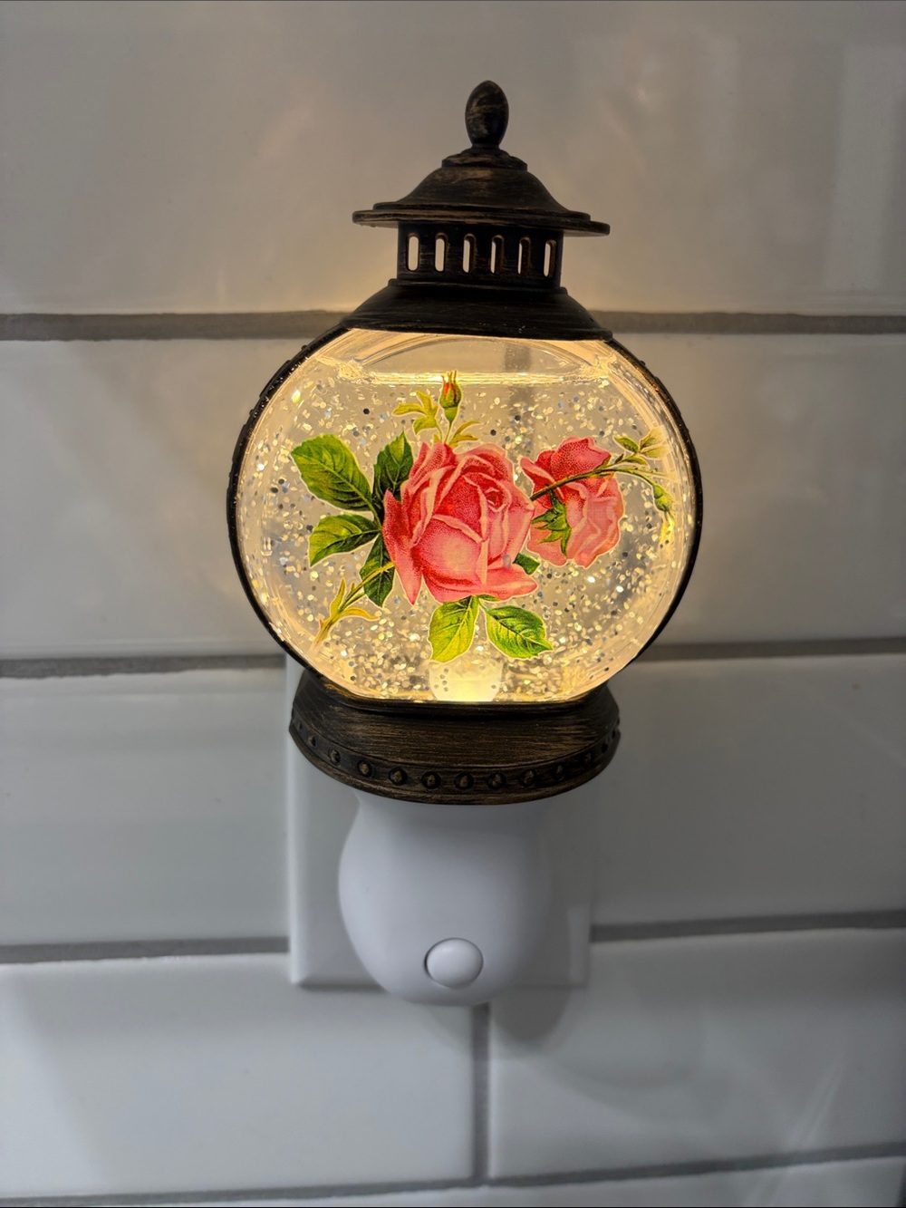 Cracker Barrel Pink Rose Glitter Water Globe Plug-In Night Light